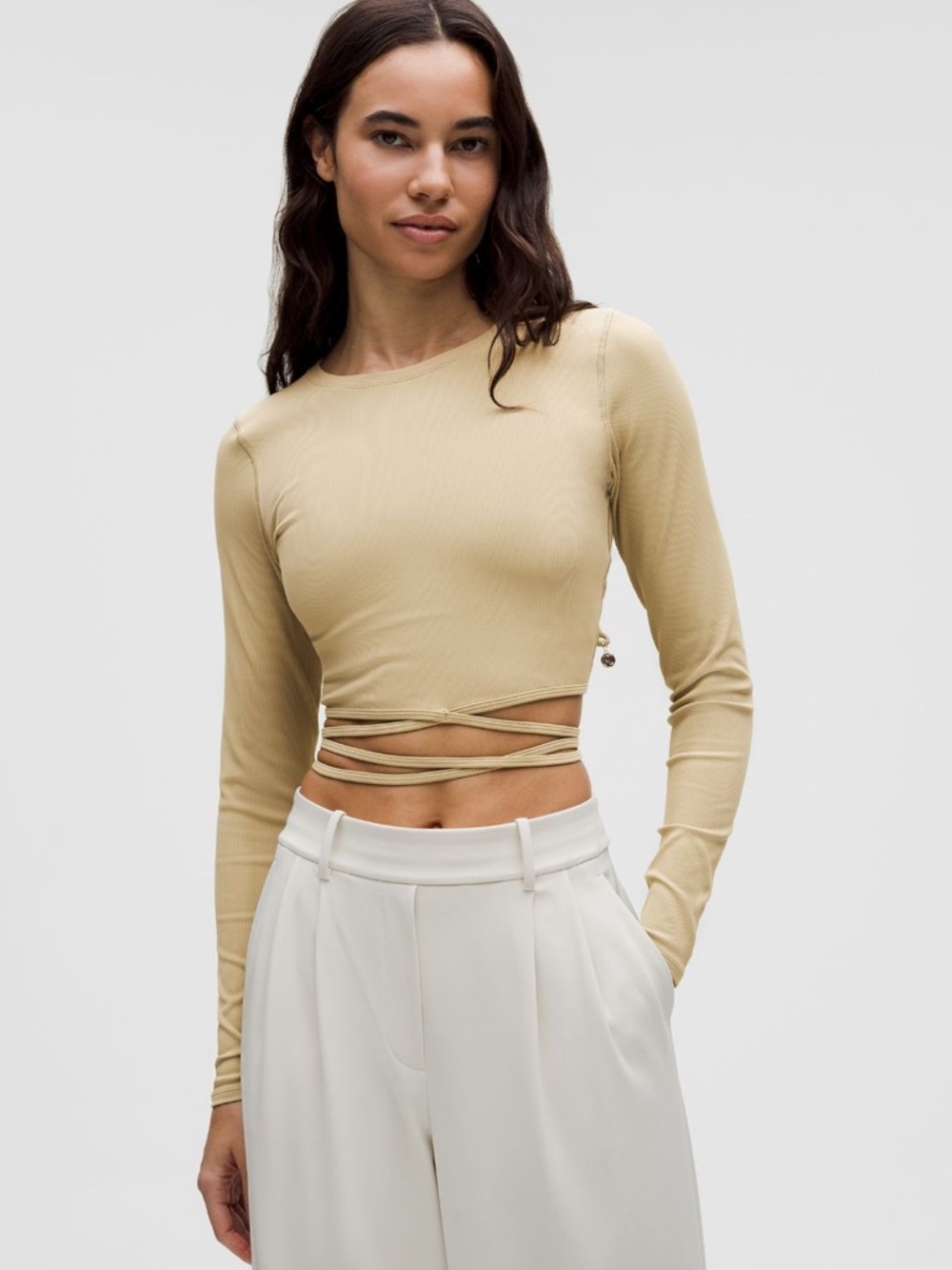 Lululemon Ribbed Waist Tie Crop Top Logo Charm Cream Size 8